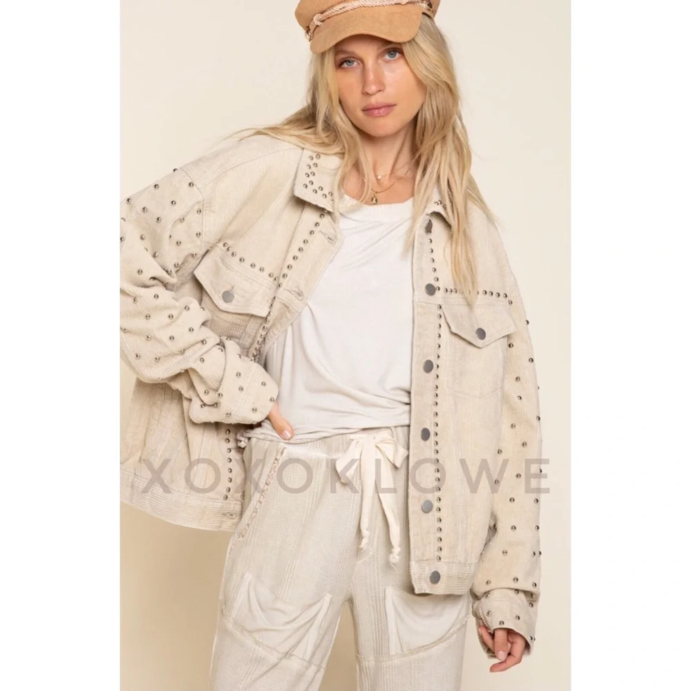 POL Oatmeal Beige Studded Corduroy Trucker Jacket Relaxed Fit - Picture 7 of 14